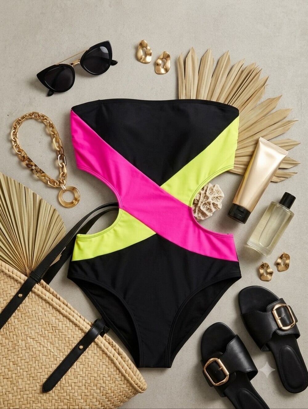 Venus Black Pink Yellow Colorblock Cut Out Strapless One Piece Swimsuit